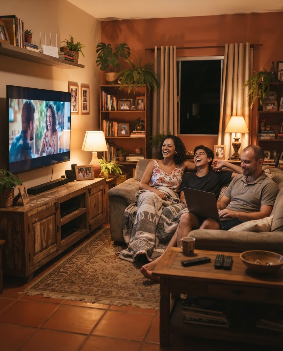 Família usando a internet fibra da Smart Net